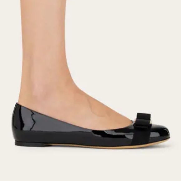 Salvatore Ferragamo Black Patent Leather Flats with Ferragamo Signature Bow, 9B - Picture 2 of 15
